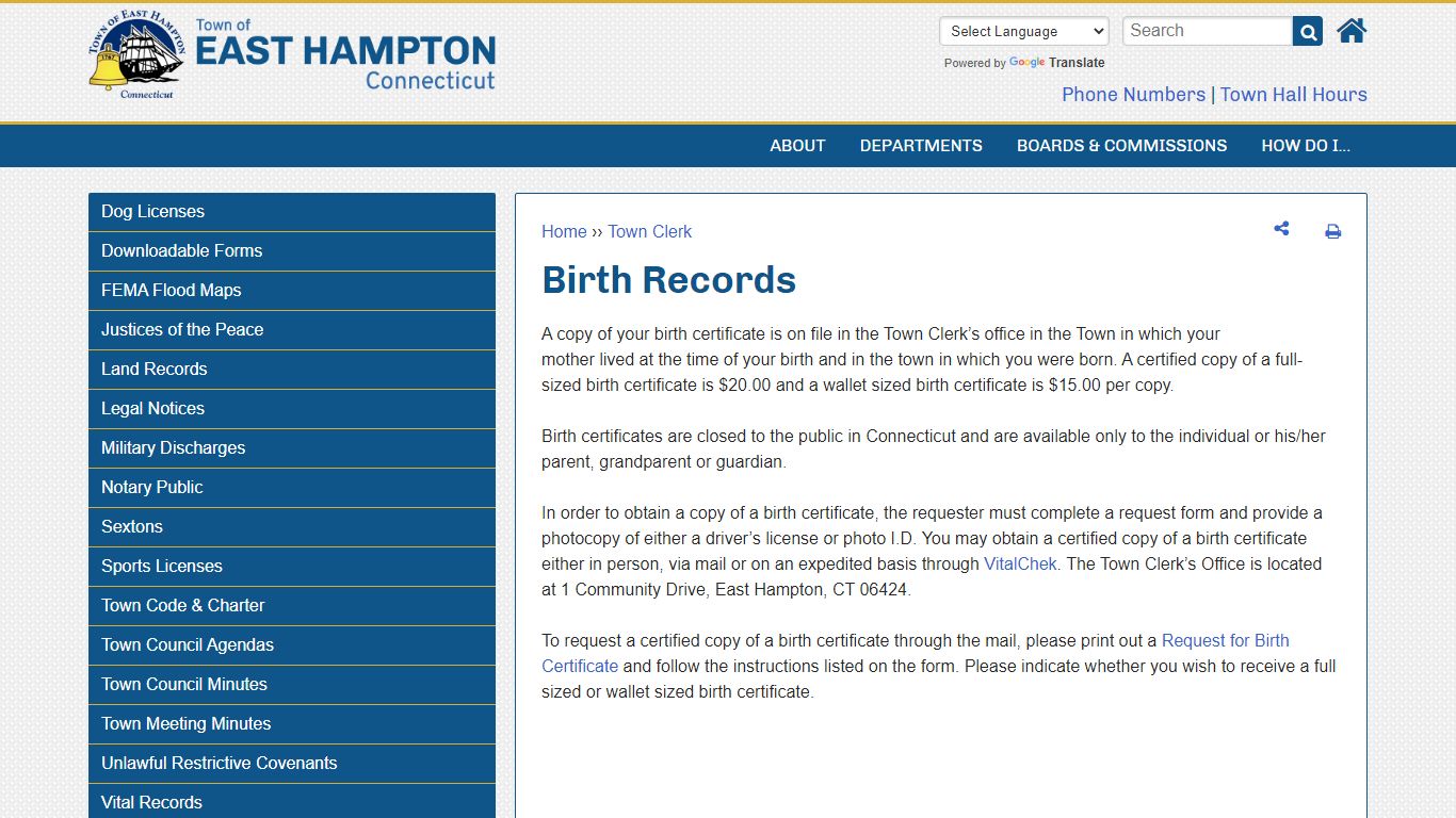 Birth Records | East Hampton CT